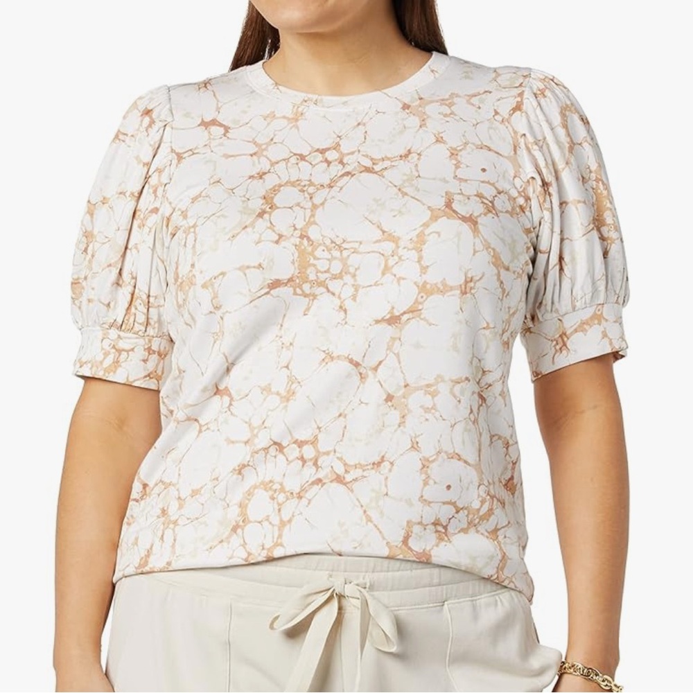 Daily Ritual Women’s Supersoft Puff-Sleeve Top - Marble -White and Tan - Size XL